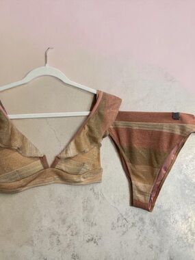 Wet Seal Pink & Gold Striped Ruffle Bandeau Top with Matching Bottom